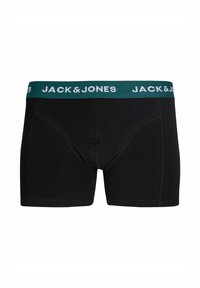 Črne bokserice zelenega pasu z belim logotipom "JACK & JONES". Izdelane iz mehke, elastične tkanine s flat šivi.
