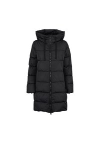 Giubbotto trapuntato nero, lungo fino al ginocchio, con cappuccio, zip frontale, stringhe regolabili e texture trapuntata. Presenta maniche lunghe e tasche laterali.