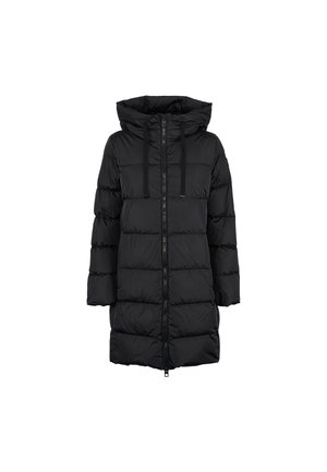 Giubbotto trapuntato nero, lungo fino al ginocchio, con cappuccio, zip frontale, stringhe regolabili e texture trapuntata. Presenta maniche lunghe e tasche laterali.