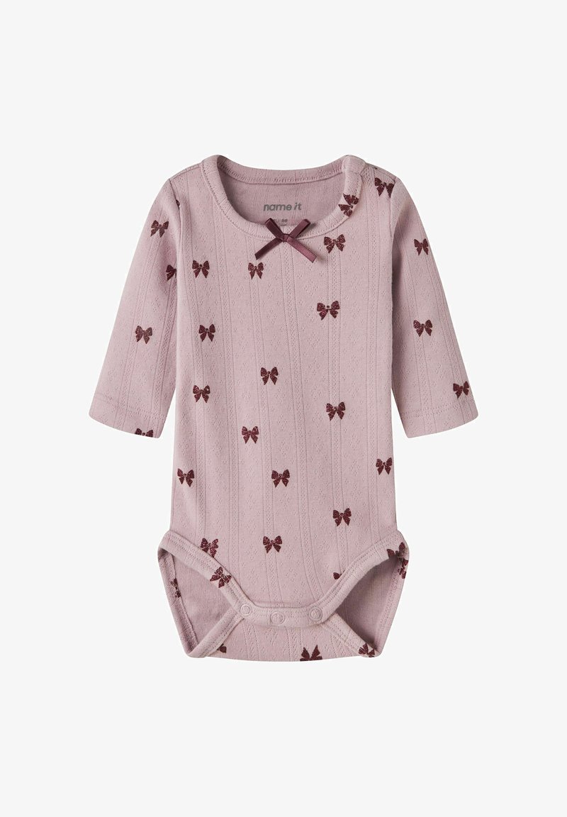 Roza bodi z dolgimi rokavi iz teksturirane tkanine, s potiskom majhnih burgundskih pentelj in okrasno burgundsko pentljo na ovratniku.