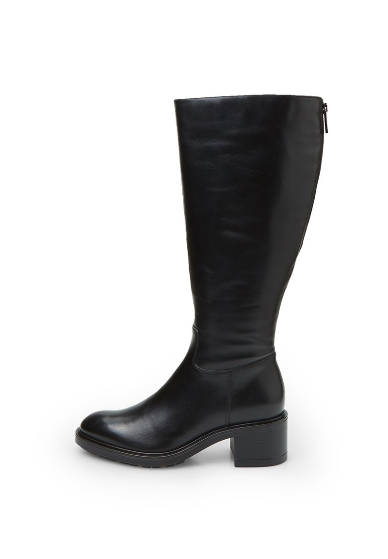Bota alta de cuero negro con punta redonda, tacón cuadrado, textura suave y detalle de cremallera lateral. Diseño simple y elegante.