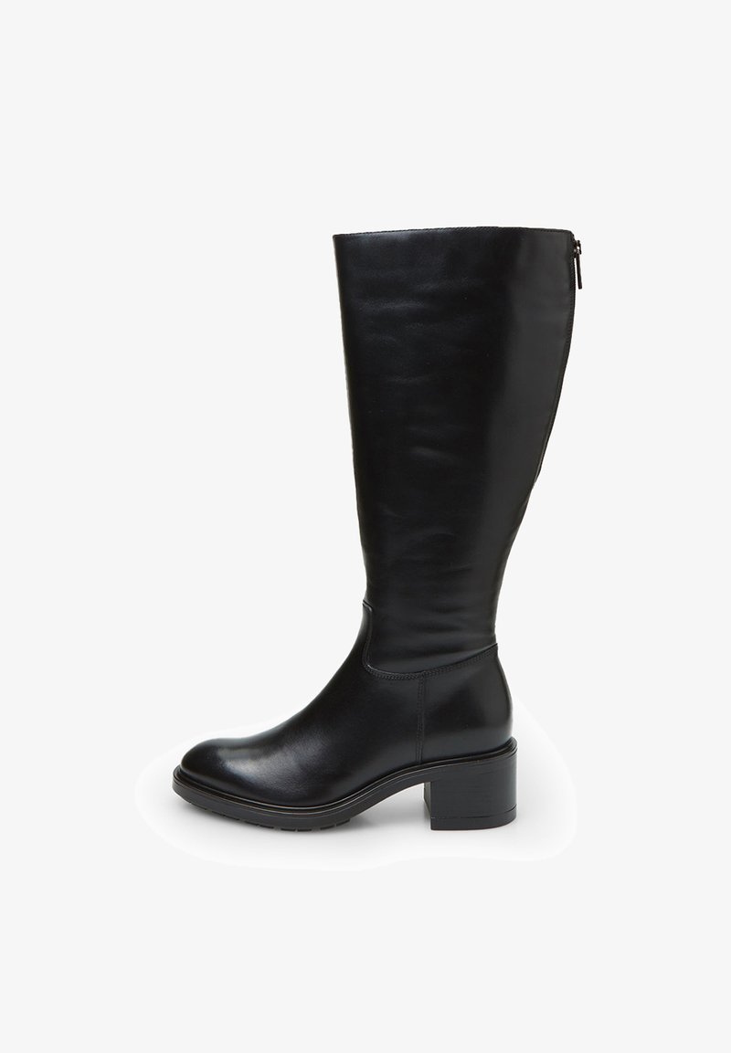 Stivale in pelle nera al ginocchio con punta rotonda, tacco a blocco, texture liscia e dettaglio con zip laterale. Design semplice ed elegante.
