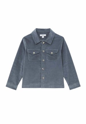 Grå langærmet skjortejakke med knapper og to klaplommer på brystet samt sølvfarvede knapper, lavet af blødt tekstureret stof.