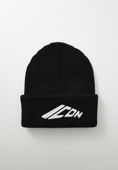 Black knit beanie with a ribbed texture and a folded cuff, featuring a white logo accent on the front.