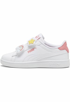 White sneaker with a smooth synthetic upper, pink accents, Velcro strap featuring star and rainbow designs, and a flat rubber sole.