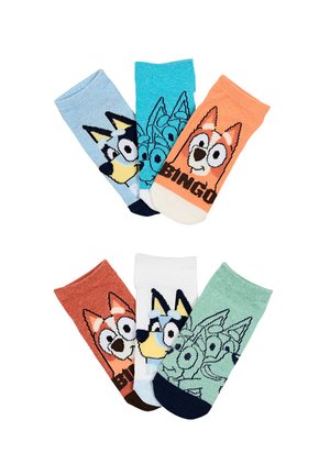 Six colorful pairs of children's socks featuring cartoon dog faces in different colors arranged in two rows on a white background.