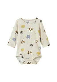 Långärmad babybodysuit i krämfärg med djur- och solmönster i mjukt gult, blått och brunt; har tryckknappar i botten.