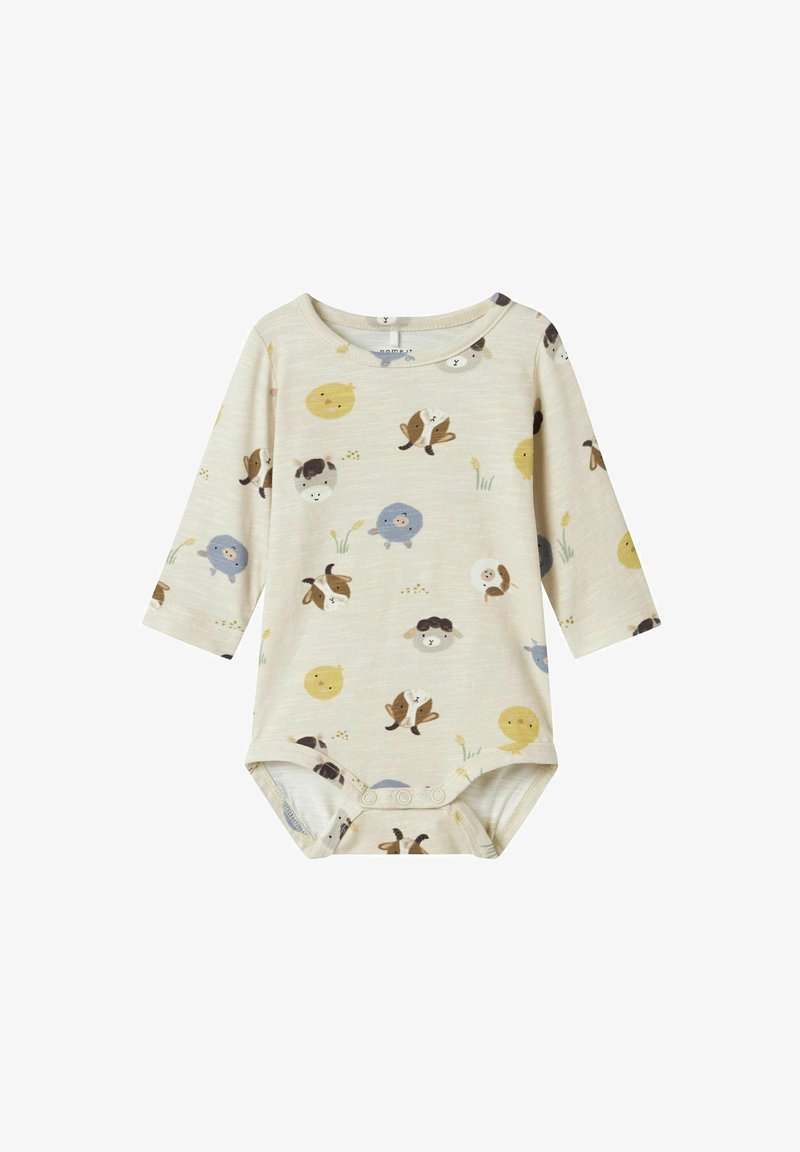 Långärmad babybodysuit i krämfärg med djur- och solmönster i mjukt gult, blått och brunt; har tryckknappar i botten.