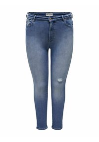 Slim-fit modré džíny z denimu s vybledlým povrchem, s naříznutým kolenem a klasickým pětikusovým designem. Zapínání na knoflíky v pase.