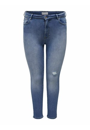 Tuvu pieguļoši zili denimi džinsi ar nolietotu apdari, ar izplēstu ceļgalu un klasisku piecu kabatu dizainu. Pogas aizdare jostasvietā.