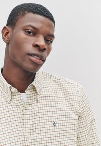 Button-up shirt in checkered pattern, featuring beige, brown, and green lines. Cotton material, with a small blue embroidered logo on the chest.