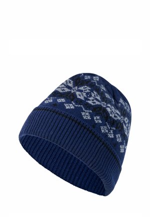 Blauer gestrickter Winterhut mit geripptem Bündchen und weißem sowie schwarzem Schneeflockenmuster rund um den oberen Teil.