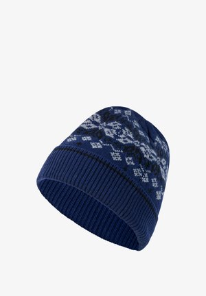 Blue knitted winter hat with ribbed cuff and white and black snowflake pattern around the upper part.