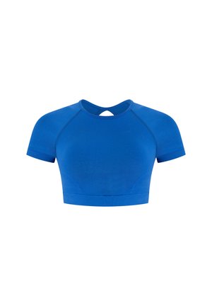 Top atletico blu corto con maniche raglan corte, design aderente e schiena con apertura a chiave. Realizzato in un tessuto liscio e elastico.