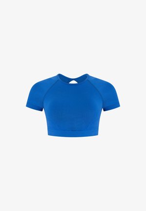 Blauw cropped sporttop met korte raglanmouwen, een getailleerd ontwerp en een keyhole achterkant. Gemaakt van een zachte, rekbare stof.