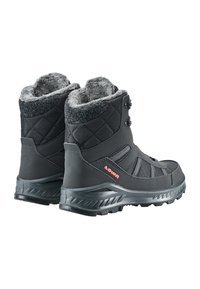 Zwarte winterlaarzen met een gewatteerde bovenkant, een nep bontvoering, stevig synthetisch materiaal en een rubberen zool met grip. Voorzien van klittenbandsluitingen.