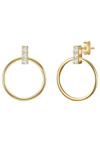 Zelta riņķa auskari ar teksturētu, taisnstūrveida augšdaļu, kas rotāta ar trim caurspīdīgām akmeņiem, radot modernu, minimālistisku dizainu.