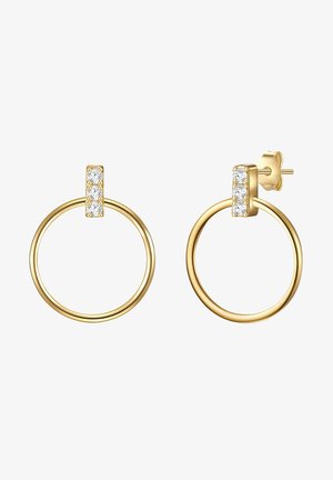 Gold hoop earrings featuring a textured, rectangular top adorned with three clear gemstones, creating a modern, minimalist design.