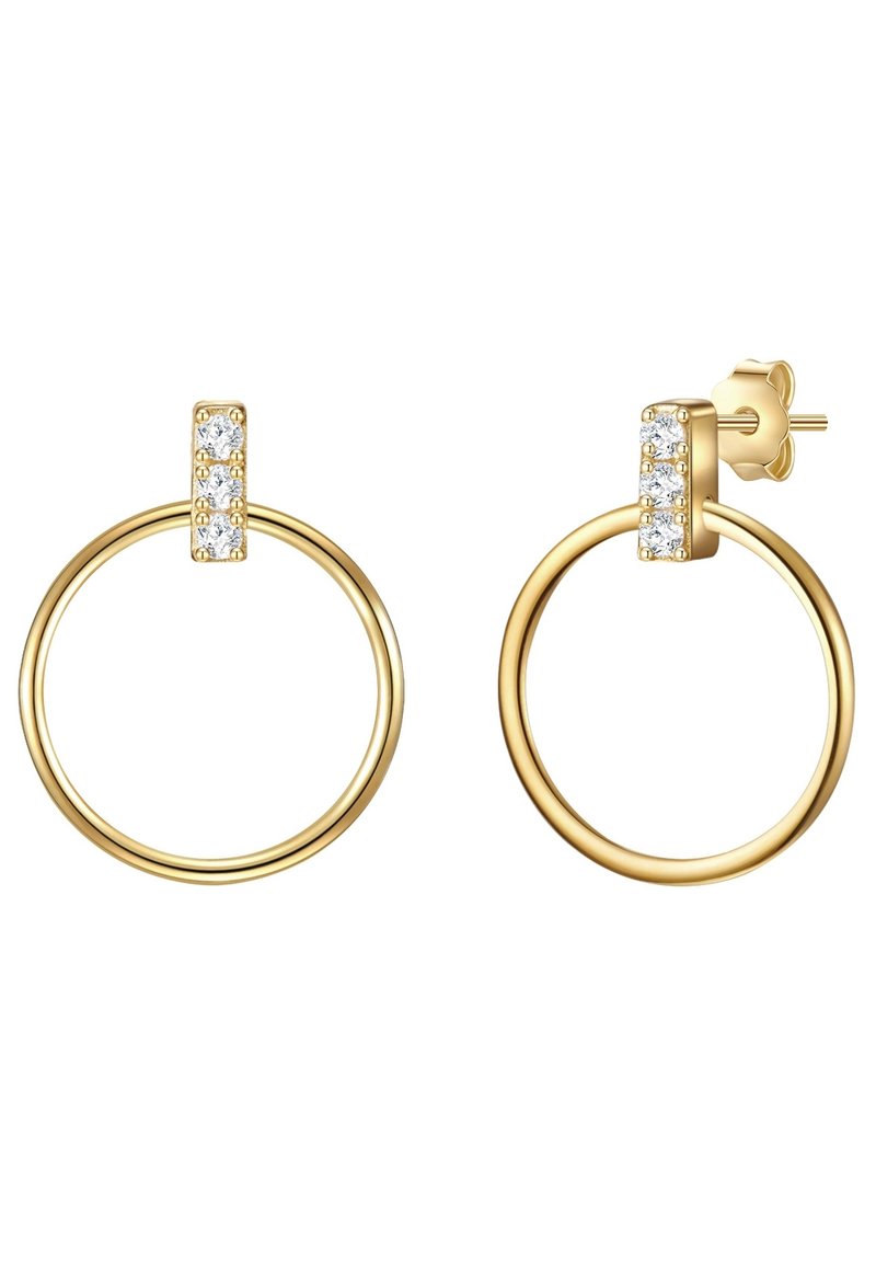 Zelta riņķa auskari ar teksturētu, taisnstūrveida augšdaļu, kas rotāta ar trim caurspīdīgām akmeņiem, radot modernu, minimālistisku dizainu.