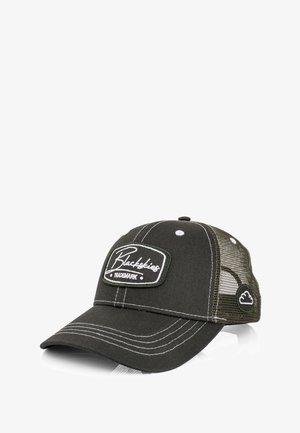 Mørkegrøn cap med netbag, hvidt syning og en rektangulær broderet logolap. Bukket skygge og justerbar snaplukning.