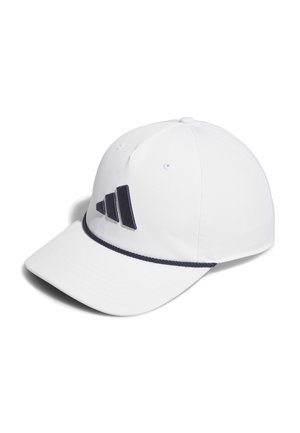 Biely baseballový klobúk s námorníckym pruhom a tromi tmavomodrými diagonálnymi pruhmi. Vyrobený z jemnej tkaniny, s ventilačnými otvormi a zakriveným okrajom.