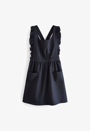 Marineblaue Kleid mit gewelltem Saum, V-förmigem Rücken und zwei frontalen Taschen. Hergestellt aus strukturiertem Stoff, mit elastischem Bund für eine gute Passform.