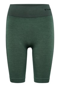 Gröna sportshorts med en texturerad tyg, knälängd, vid midjeband och svarta accentstickningar längs sidorna.