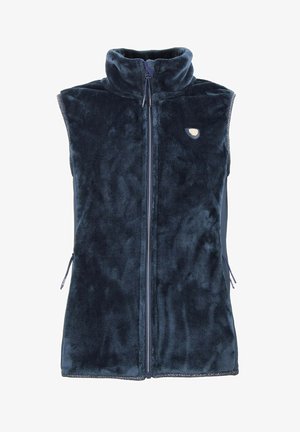 Gilet en polaire bleu marine avec un col haut, une fermeture éclair sur toute la longueur à l'avant et deux poches latérales, présentant une texture lisse et un petit emblème logo.