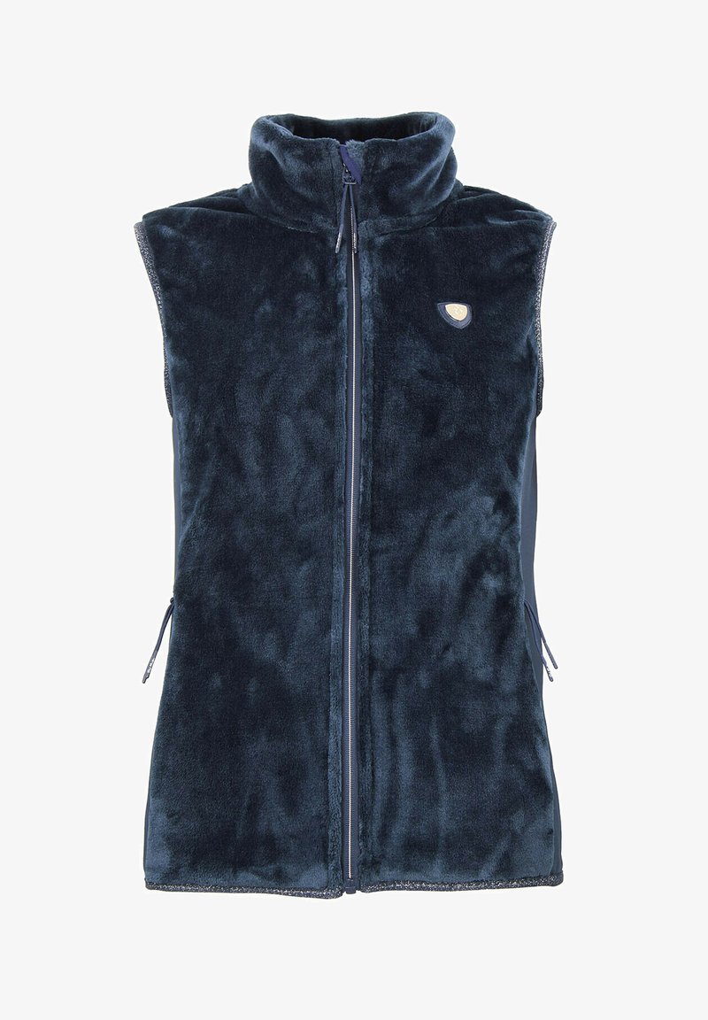Gilet en polaire bleu marine avec un col haut, une fermeture éclair sur toute la longueur à l'avant et deux poches latérales, présentant une texture lisse et un petit emblème logo.