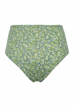 Dámské spodní prádlo s vysokým pasem ze zelené látky s detailním bílým a modrým paisley vzorem.
