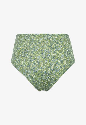 Taillenhohe Damenunterwäsche aus grünem Stoff mit detailliertem weiß-blauem Paisley-Muster.