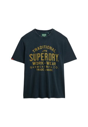 Navy Baumwoll-T-Shirt mit gelbem Aufdruck, der "TRADITIONAL JPN SUPERDRY WORK-WEAR" liest. Kurze Ärmel und Rundhalsausschnitt mit einer lässigen Passform.