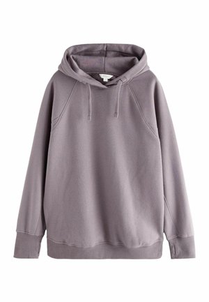 Miękka fioletowa bluza z kapturem typu pullover, z długimi rękawami, przednią kieszenią kangurzą, kapturem ze sznurkiem i ściągaczami przy mankietach i na dole.