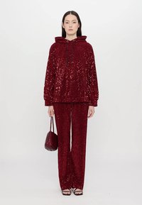 Hanorac roșu cu paiete, cu guler tip funnel, asortat cu pantaloni din paiete roșii. Modelul ține o mică geantă de mână din țesătură roșie. Textură netedă, finisaj lucios.