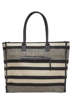 Sac fourre-tout rayé en tissu tissé beige et noir, avec deux poignées en cuir, un haut zippé et une poche extérieure.
