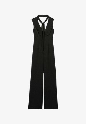 Jumpsuit senza maniche nero con scollatura alta, dettaglio con fiocco sul davanti, gambe ampie e pieghe per un drappeggio strutturato.