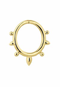 Pendiente de aro en tono dorado con un diseño circular. Las características notables incluyen cinco acentos puntiagudos a lo largo del borde y un acabado liso y pulido.