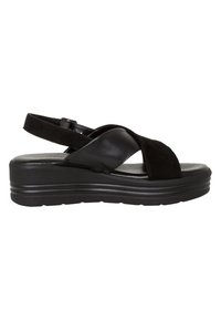 Sandali neri con un design a strap incrociati in pelle e suede, dotati di una soletta imbottita e un tacco a zeppa moderato per una maggiore supporto.
