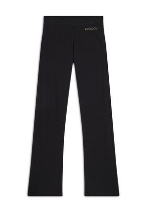 Pantaloni in tessuto elasticizzato neri con un design a gamba larga. Presentano una cintura liscia e un accento dorato con il logo "FREDDY" sul davanti.