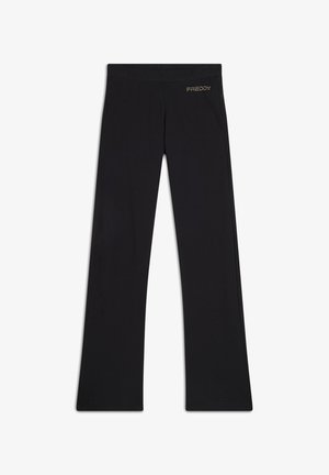 Pantaloni in tessuto elasticizzato neri con un design a gamba larga. Presentano una cintura liscia e un accento dorato con il logo "FREDDY" sul davanti.