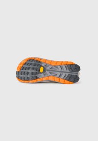 Trail running shoe sole with black, gray, and orange rubber tread and Vibram logo in the center.