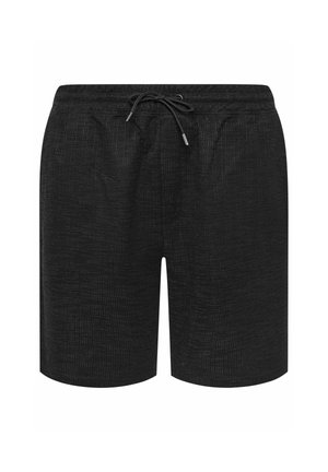 Schwarze Badeshorts aus strukturiertem Stoff für Herren mit elastischem Bund und verstellbarem Kordelzug vorne.