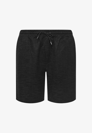 Zwarte heren zwemshorts van gestructureerde stof met elastische tailleband en verstelbaar trekkoord aan de voorkant.