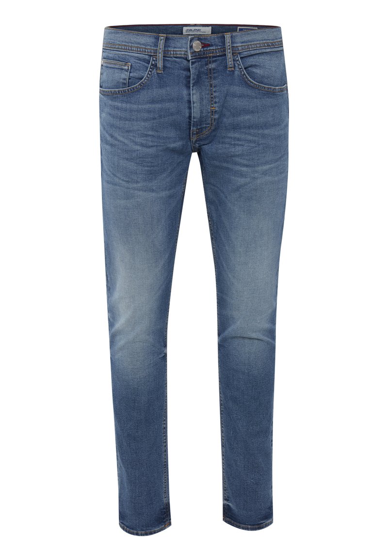 Vaqueros denim en un lavado azul claro, con un diseño clásico de cinco bolsillos, pierna recta, sutiles marcas de desgaste y cierre con botón metálico.