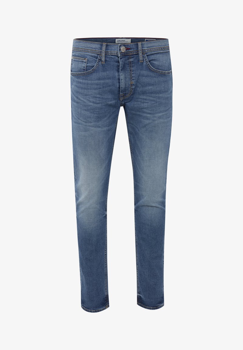 Vaqueros denim en un lavado azul claro, con un diseño clásico de cinco bolsillos, pierna recta, sutiles marcas de desgaste y cierre con botón metálico.