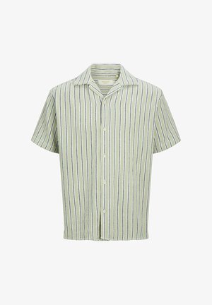 Ragazzo biondo in piedi e sorridente, che indossa una camicia a maniche corte verde a righe con bottoni, pantaloncini scuri al ginocchio, calze bianche e scarpe beige.