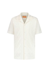 Korte mouwen shirt in gebroken wit, met een gemêleerd golfpatroon, een kraag en een knoopsluiting aan de voorkant.