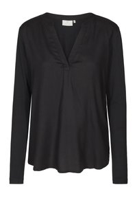 Sort bluse med lange ærmer, V-udskæring og en svag kraveåbning, lavet af blødt stof med en afslappet pasform.