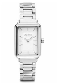 Silberne rechteckige Uhr mit einem Edelstahlarmband, weißem Zifferblatt und dünnen Stundenmarkierungen. Zu den Merkmalen gehören eine Krone an der Seite und das Markenlogo.