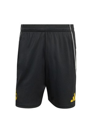Zwarte sportshorts met geel logo en accenten. Voorzien van een elastische tailleband, zijzakken en witte streepdetails voor luchtcirculatie.